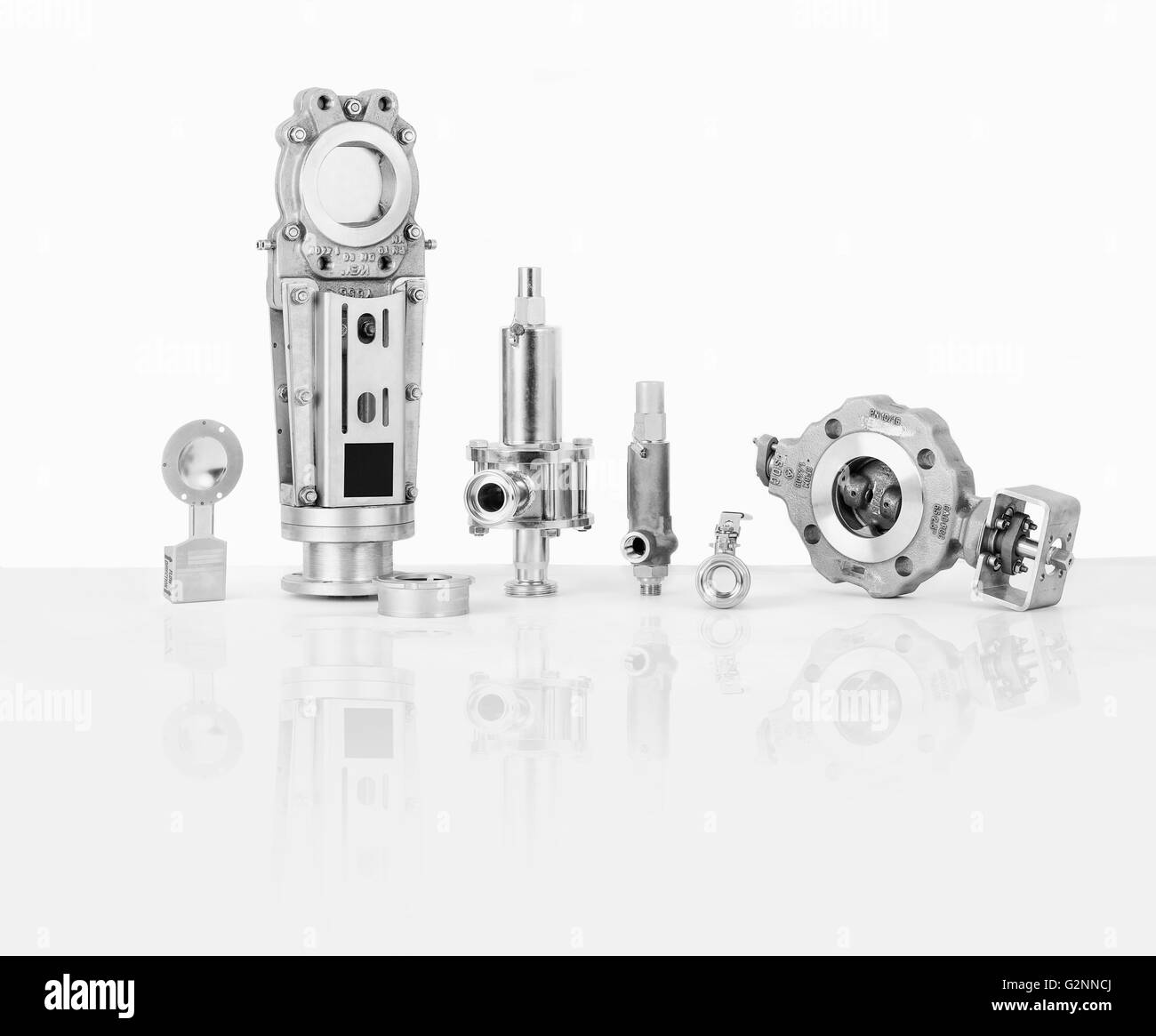 Estremità filettata di sicurezza, le valvole di sfiato, valvole a farfalla, pannello cursori, discoteca tipo valvole di ritegno Foto Stock