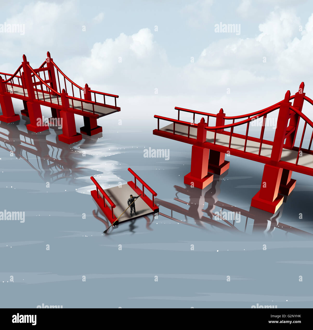 Cambiamento di strategia e piano di contingenza come imprenditore utilizzando la parte di un ponte come una chiatta galleggiante per impostare un percorso diverso come una bu Foto Stock