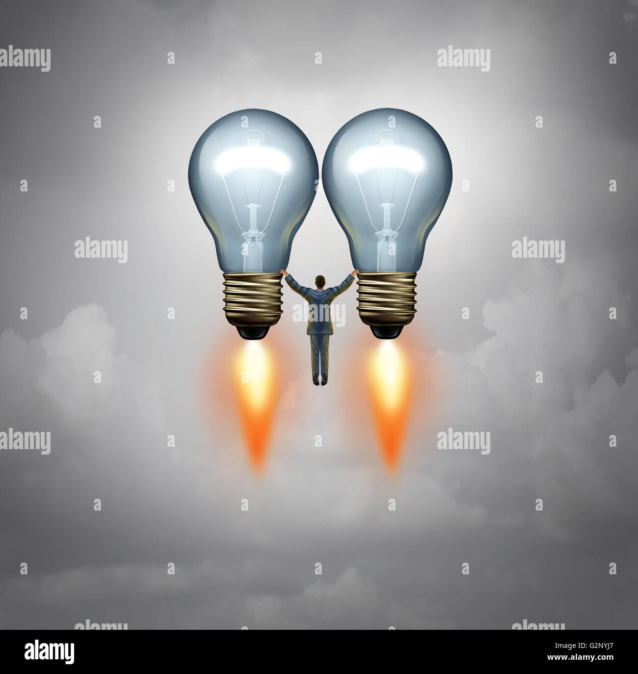 Imprenditore di successo concetto idea e investitore simbolo come un uomo di affari o venture capitalist decollare su due lampadine come razzi con 3D'illustrazione degli elementi. Foto Stock