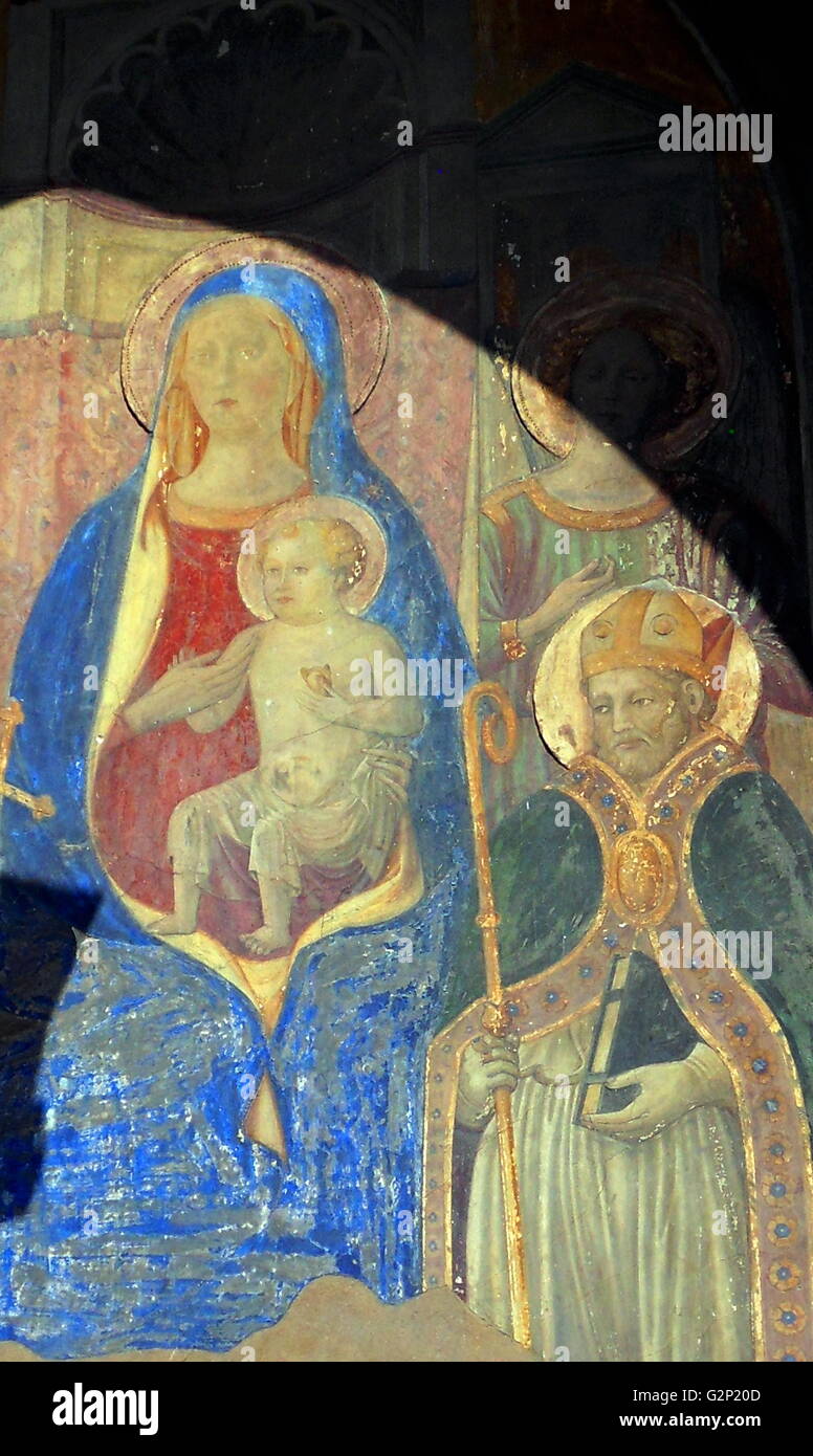 Madonna del Latte, dipinto murale su una parete in Firenze, Italia. circa trecento. Una placca nelle vicinanze reca l'iscrizione: "In memoria di Anita Poggiali Buyet'. Foto Stock