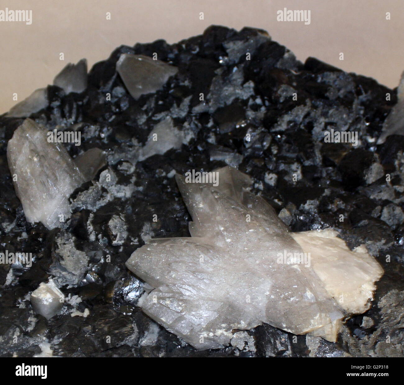 La blenda, un cristallo minerale strutturato. Cristalli neri con  scalenohedra di calcite Foto stock - Alamy