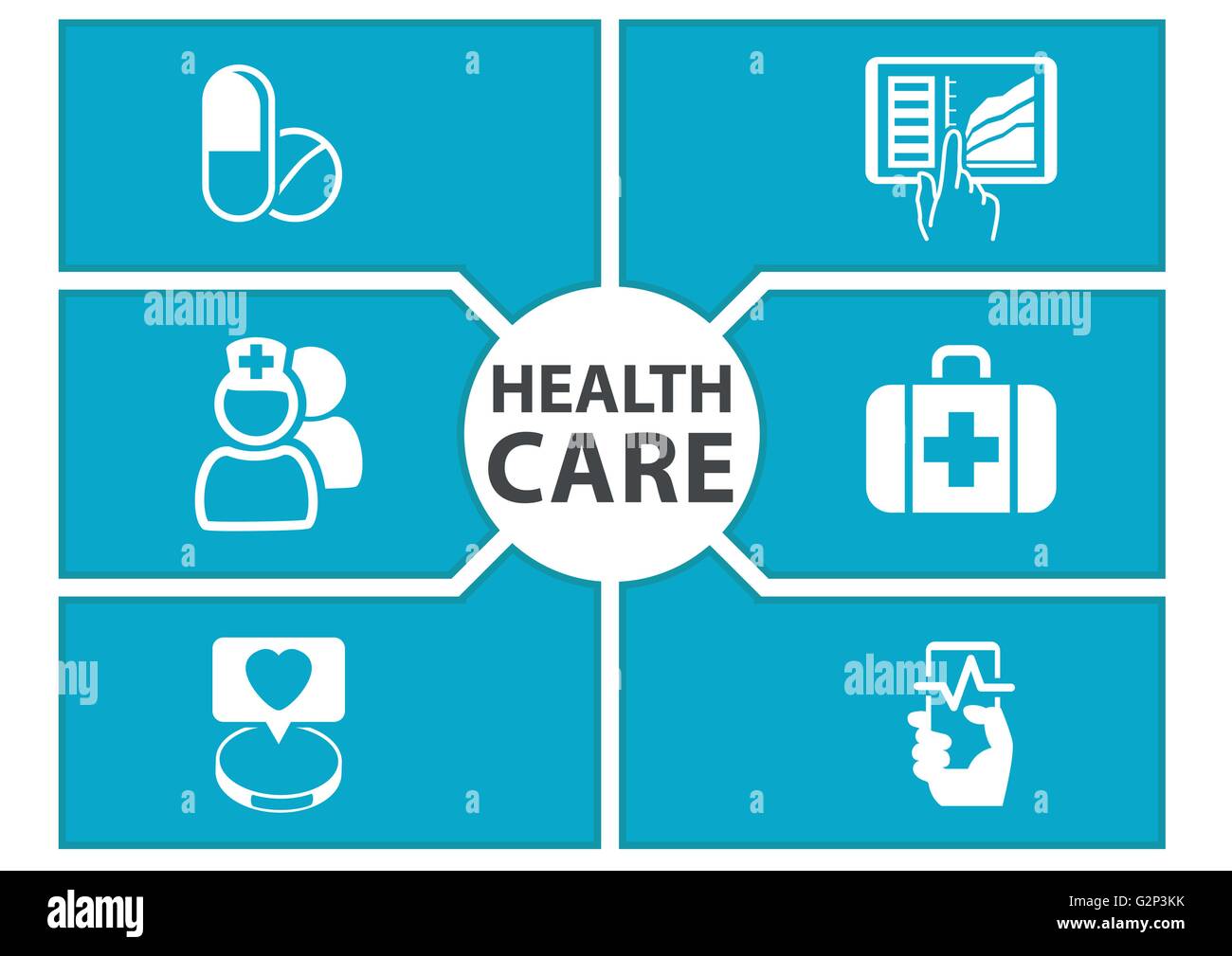 E-health care sfondo con simboli di moderni dispositivi come smart phone, tablet pc digitale record medici Illustrazione Vettoriale