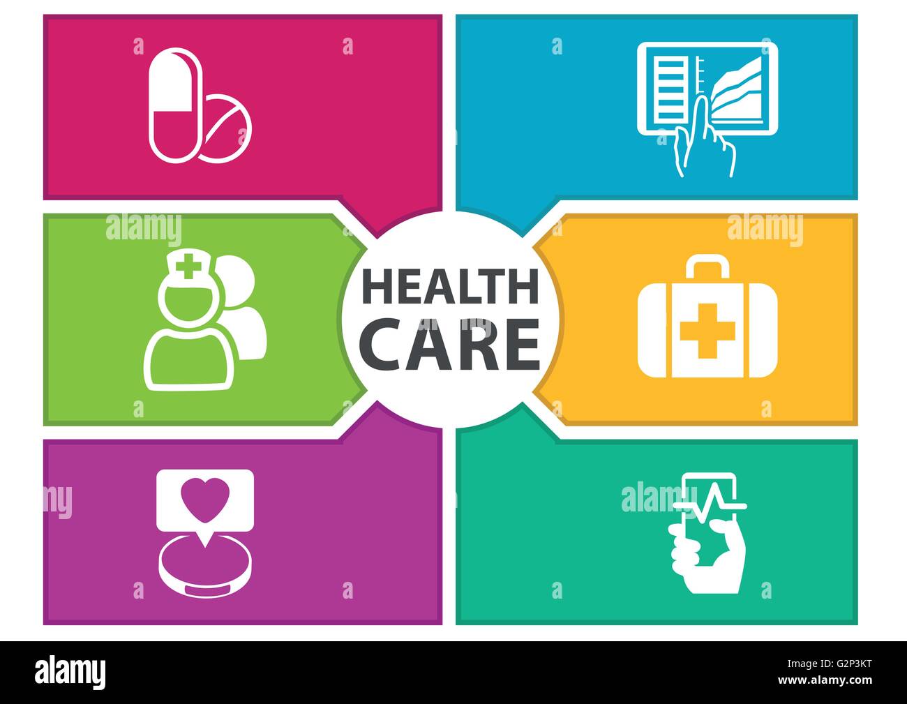 Colorato la sanità digitale sfondo con icone in materia di accessori speciali, cruscotto, compresse, medicina, smart phone Illustrazione Vettoriale