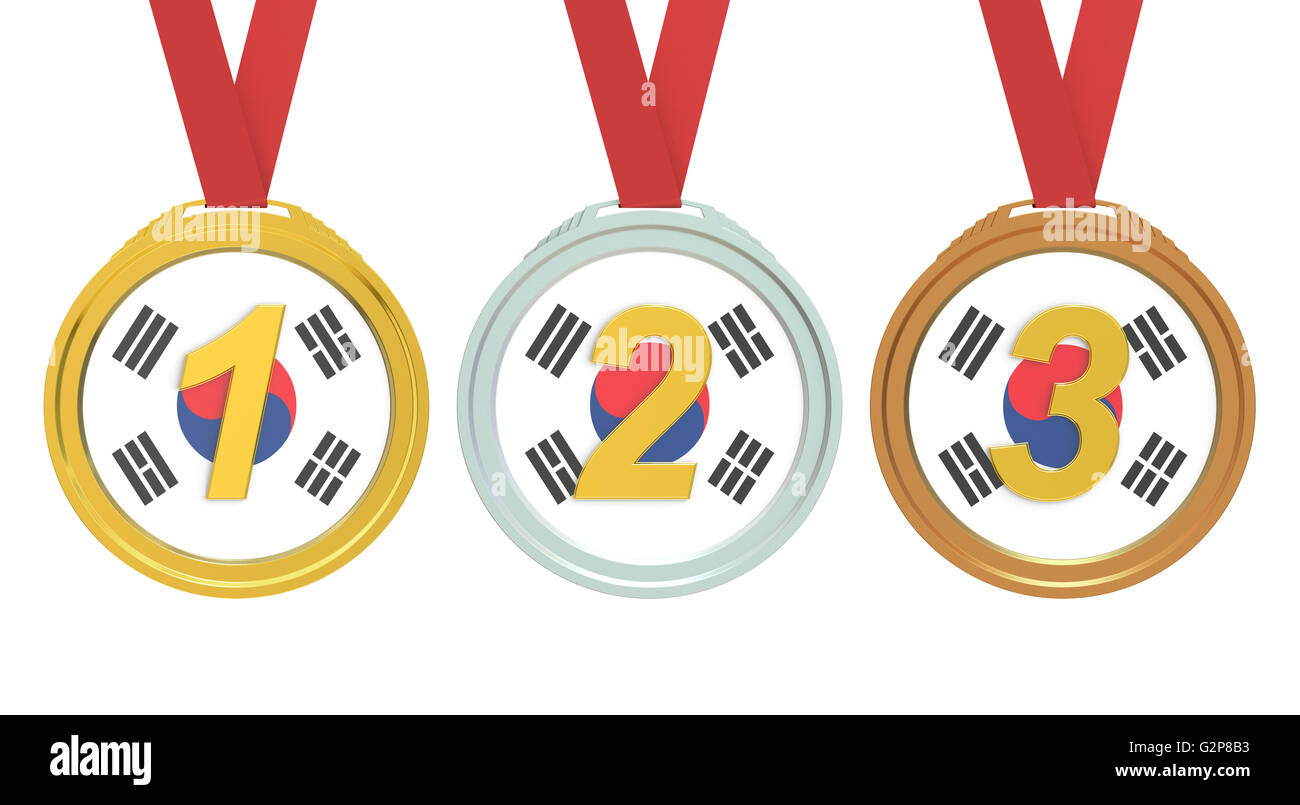 L'oro, l'argento e la medaglia di bronzo con la Corea del Sud bandiera, 3D rendering isolati su sfondo bianco Foto Stock