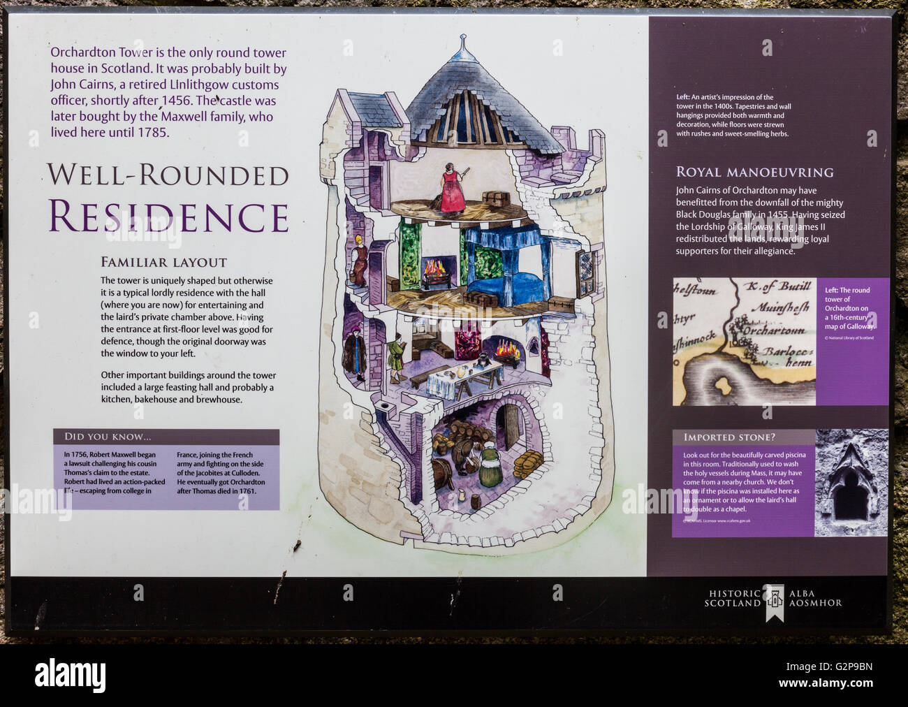 La placca che ripercorre la storia della Torre Orchardton, vicino Palnackie, Dumfries & Galloway, Scozia Foto Stock