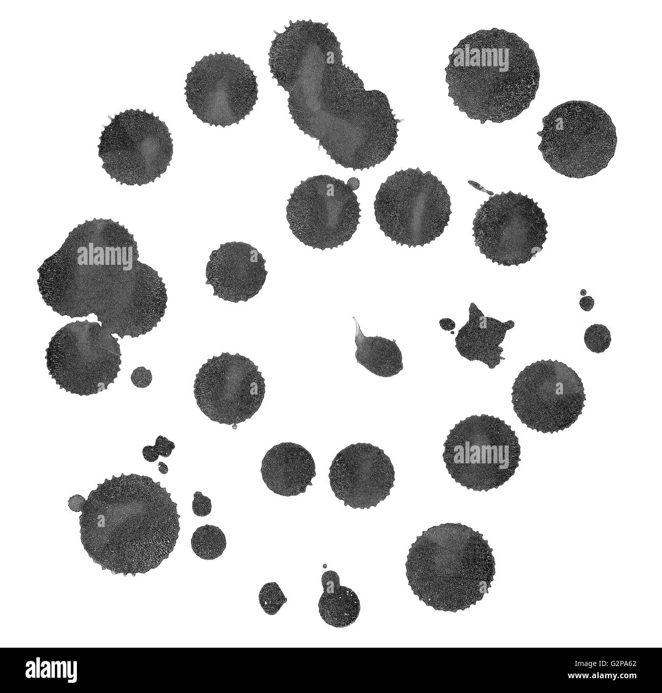 Vernice a spray nera punti fanno un ottimo grungy wallpaper.altamente dettagliata e strutturata le goccioline di inchiostro. Monocromatico fatti a mano blobs isolati su sfondo bianco Foto Stock
