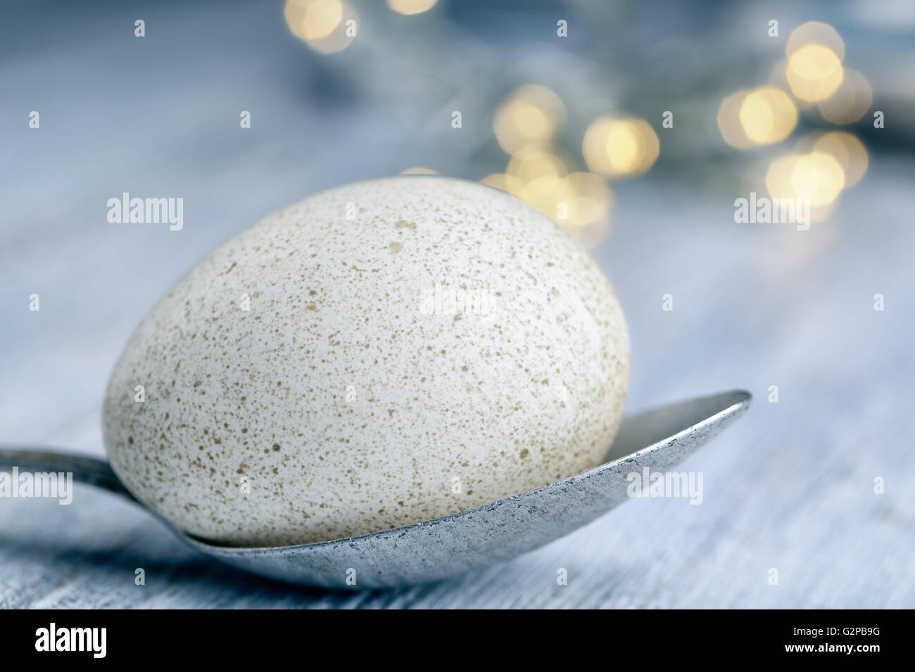 White Spotted Duck egg e cucchiaio di metallo sulla tavola di legno Foto Stock