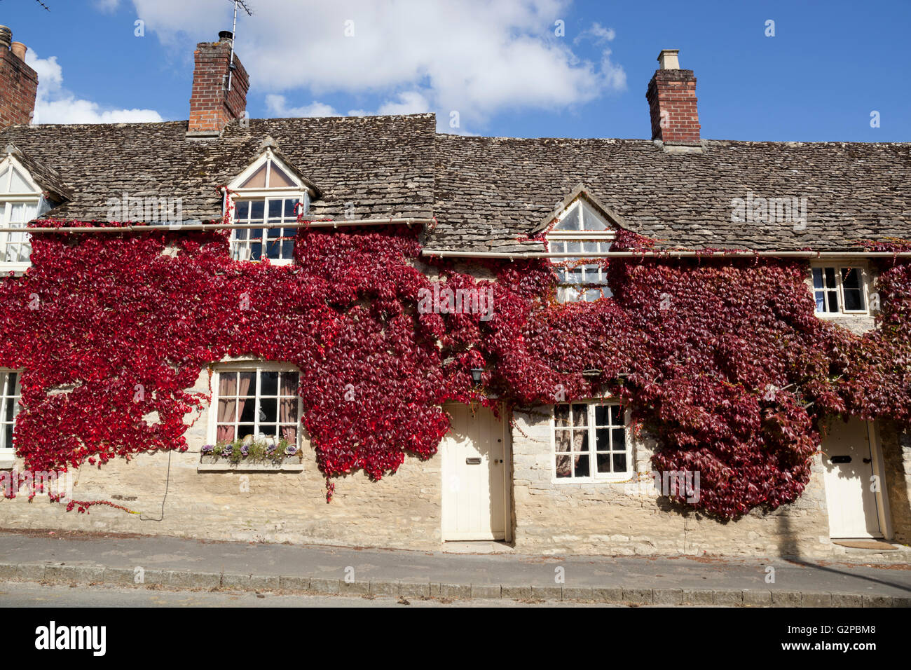 Red edera sul muro di casa, Coln St Aldwyns, Cotswolds, Gloucestershire, England, Regno Unito, Europa Foto Stock