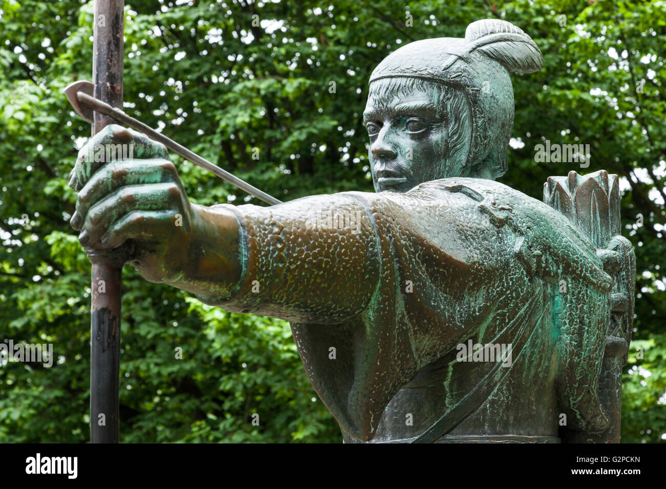 Robin Hood statua a Nottingham Castle, Nottingham, Inghilterra, Regno Unito Foto Stock