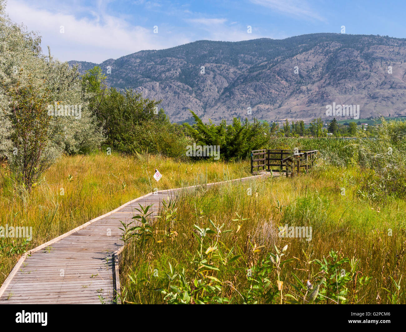 Dichiarazioni interpretative sentiero natura a sẁiẁs Parco Provinciale, precedentemente Haynes Punto Parco Provinciale vicino a Osoyoos, BC, Canada. Foto Stock