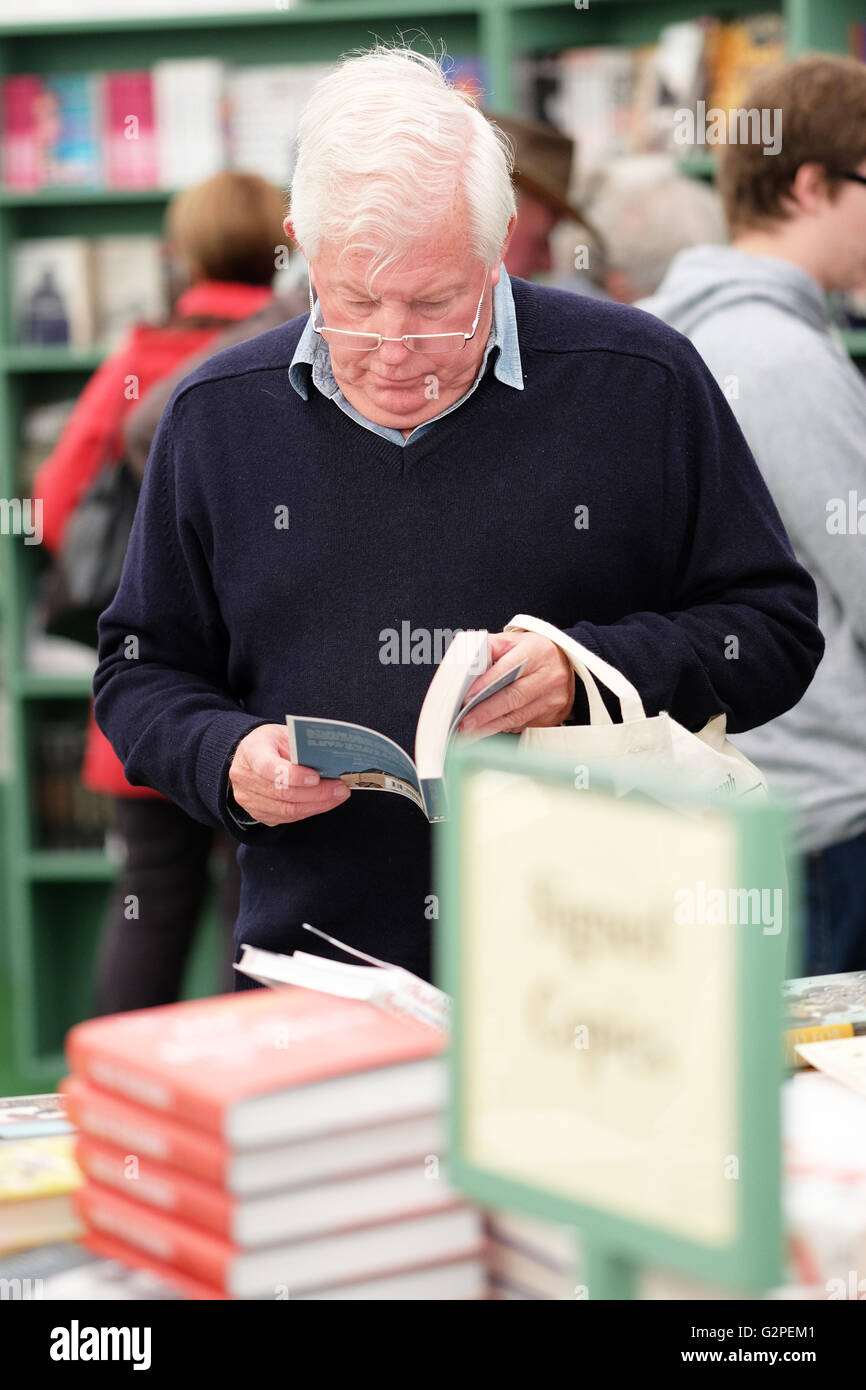 Festival di fieno, Wales, Regno Unito - Giugno 2016 - un visitatore accede l'ampia selezione di libri in vendita presso il bookshop del Festival. Foto Stock