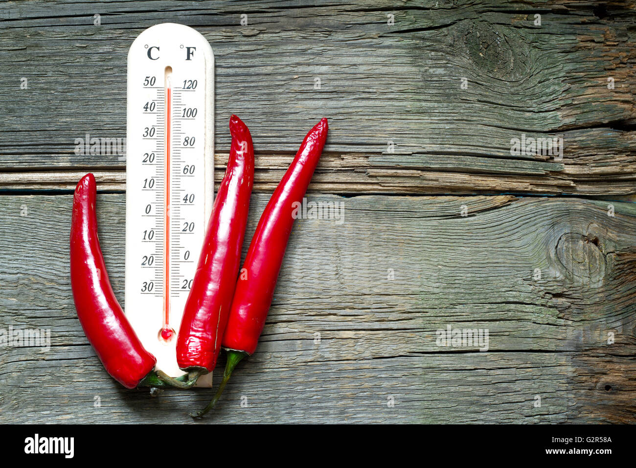 Temperatura calda segno creativo con il termometro e peperoncino Foto Stock