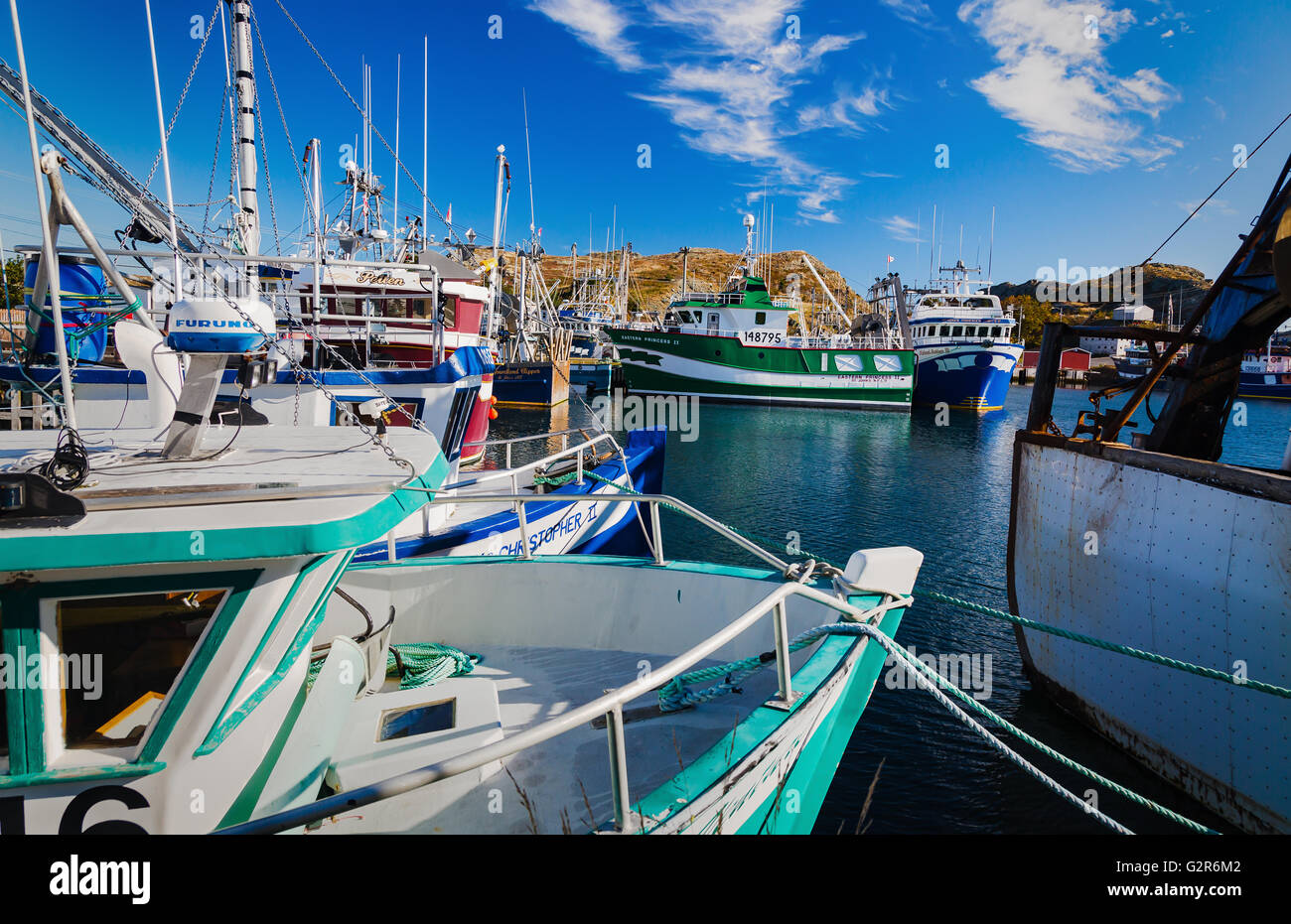 Barche da pesca e le navi per la pesca a strascico in Port de Grave, Terranova. Canada Foto Stock