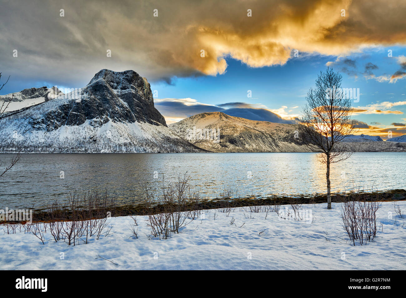 Paesaggio invernale di Bergsfjorden, Senja, Skaland, Troms, Norvegia, Europa Foto Stock