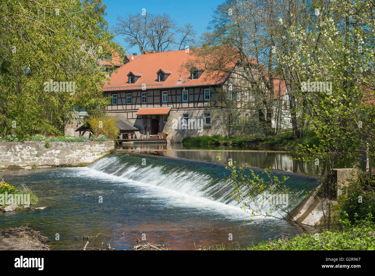 Mulino ad acqua e Weir, fiume Ilm, più antico mulino in Turingia, Taubach bei Weimar, Turingia, Germania Foto Stock