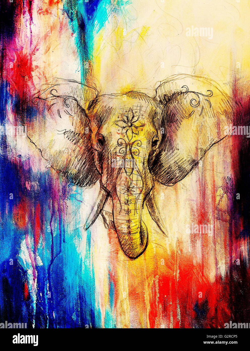 Elephant con ornamenti floreali, disegno a matita su carta. Effetto colore e Computer collage. Foto Stock