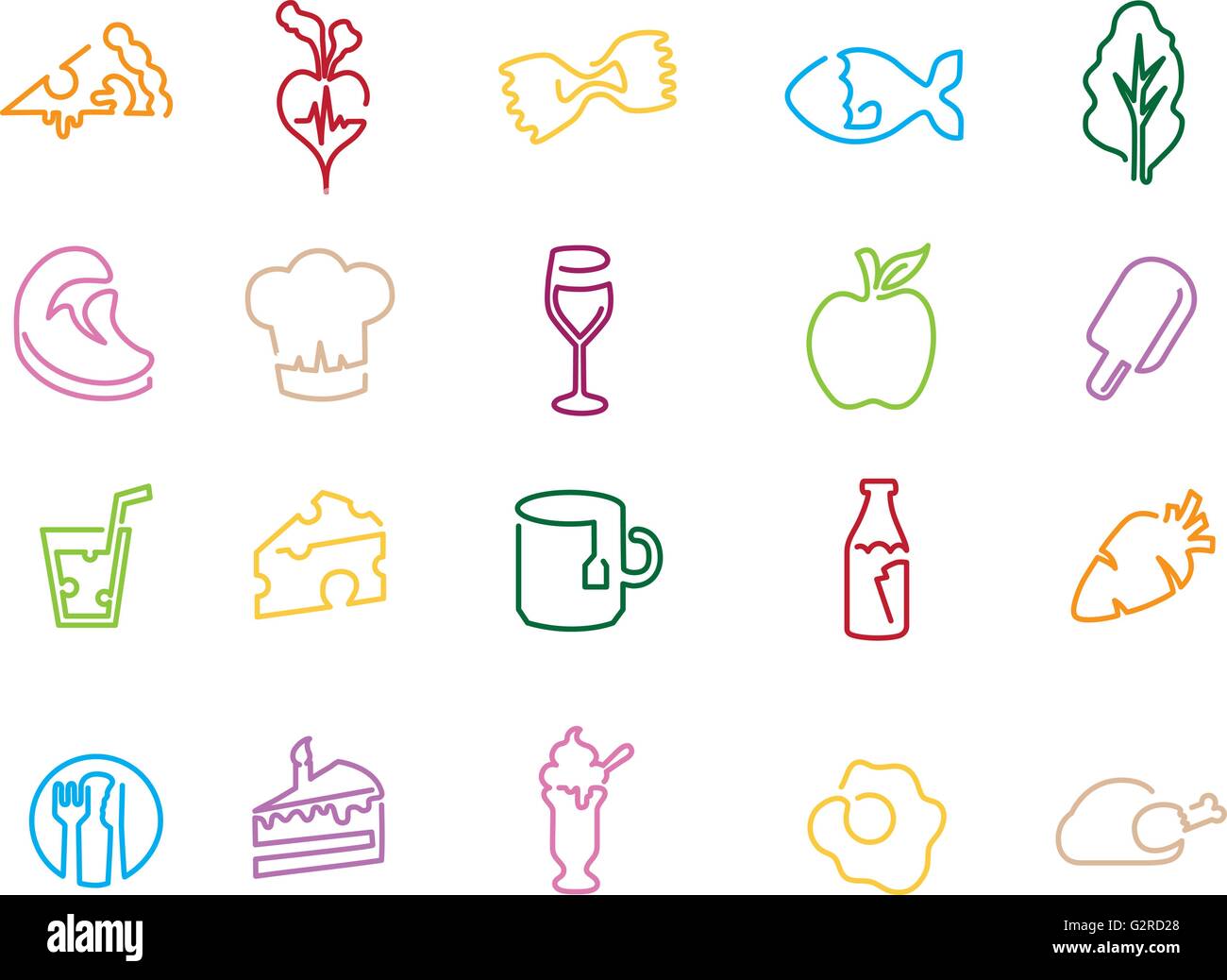 Illustrazione delle icone relative a mangiare, bere e dieta Illustrazione Vettoriale
