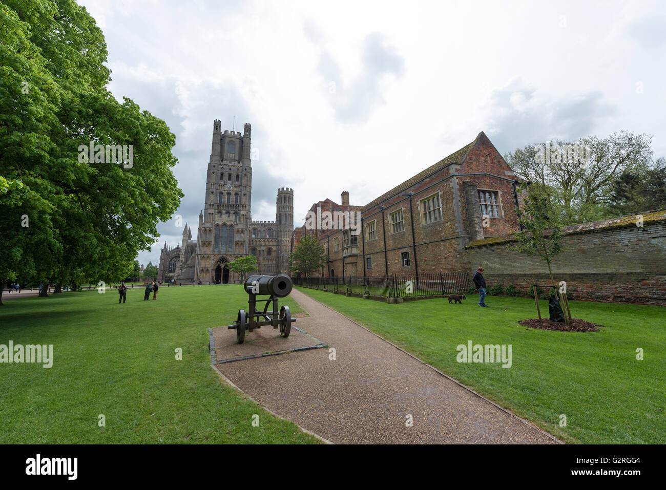 Vecchia canon russo di fronte Cattedrale di Ely e il vecchio palazzo dei Vescovi Ely Cambridgeshire England Regno Unito Foto Stock