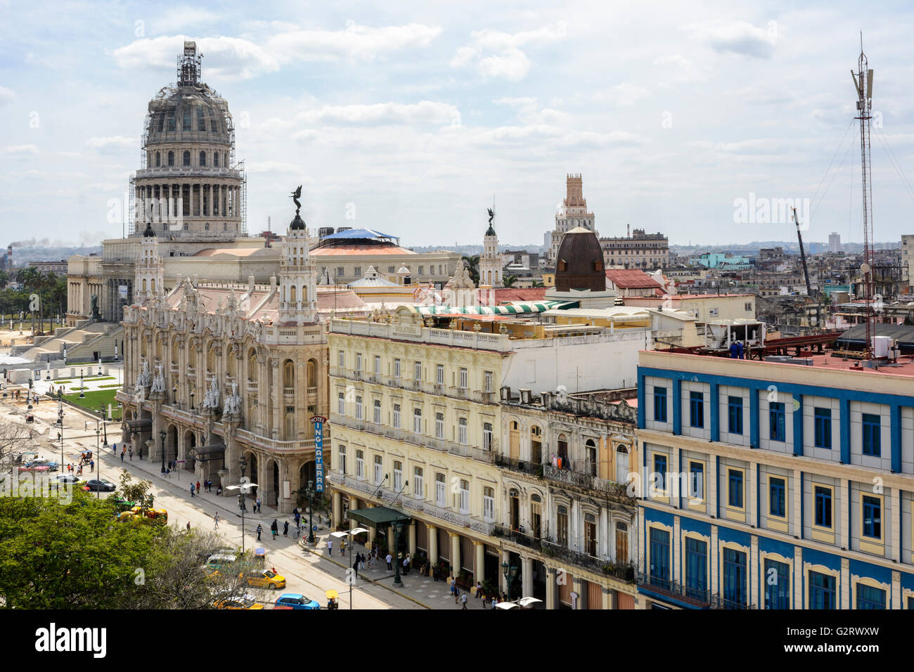 Capitolio, Gran Teatro de La Habana Alicia Alonso, Hotel Inglaterra e Hotel Telegrafo, Parque Central, Havana, Cuba Foto Stock