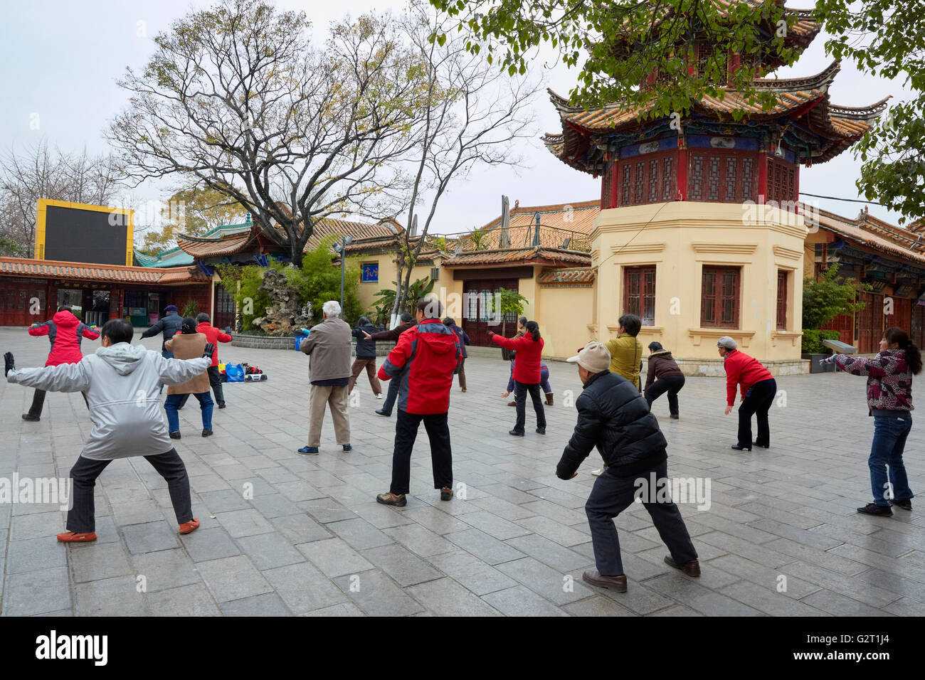 Anziani facendo Tai Chi a Cuihu Lake (lago Verde) Park, Kunming, Yunnan, Cina Foto Stock