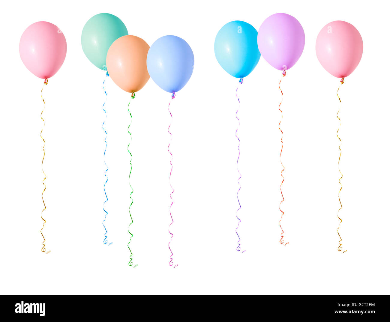 Aria variopinti palloncini volanti isolati su sfondo bianco Foto Stock