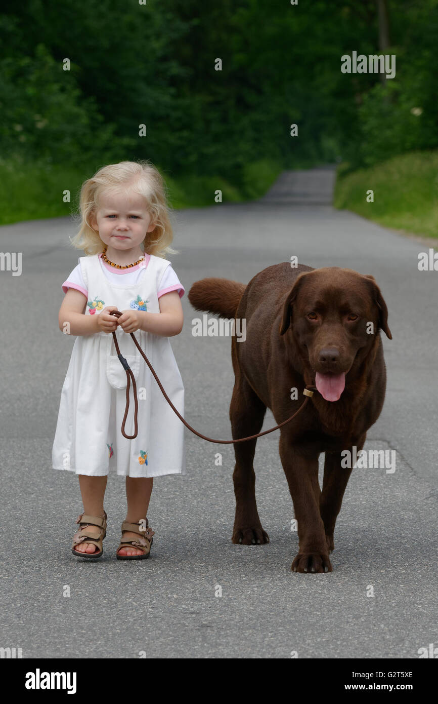 Ragazza camminare il suo Labrador Retriever cane Foto Stock