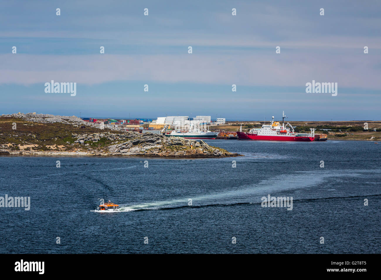 La nave di crociera Zaandam offerta barca trasporto passeggeri a Port Stanley nelle isole Falkland, British territorio d oltremare. Foto Stock