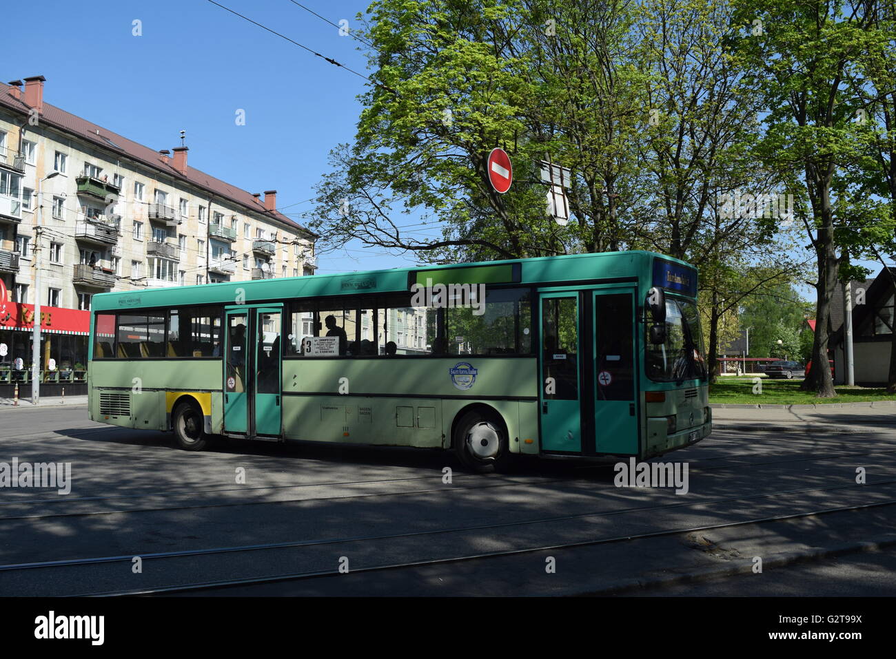 Alcuni autobus di Kaliningrad portano verde insalata livrea, stesso come filobus Foto Stock