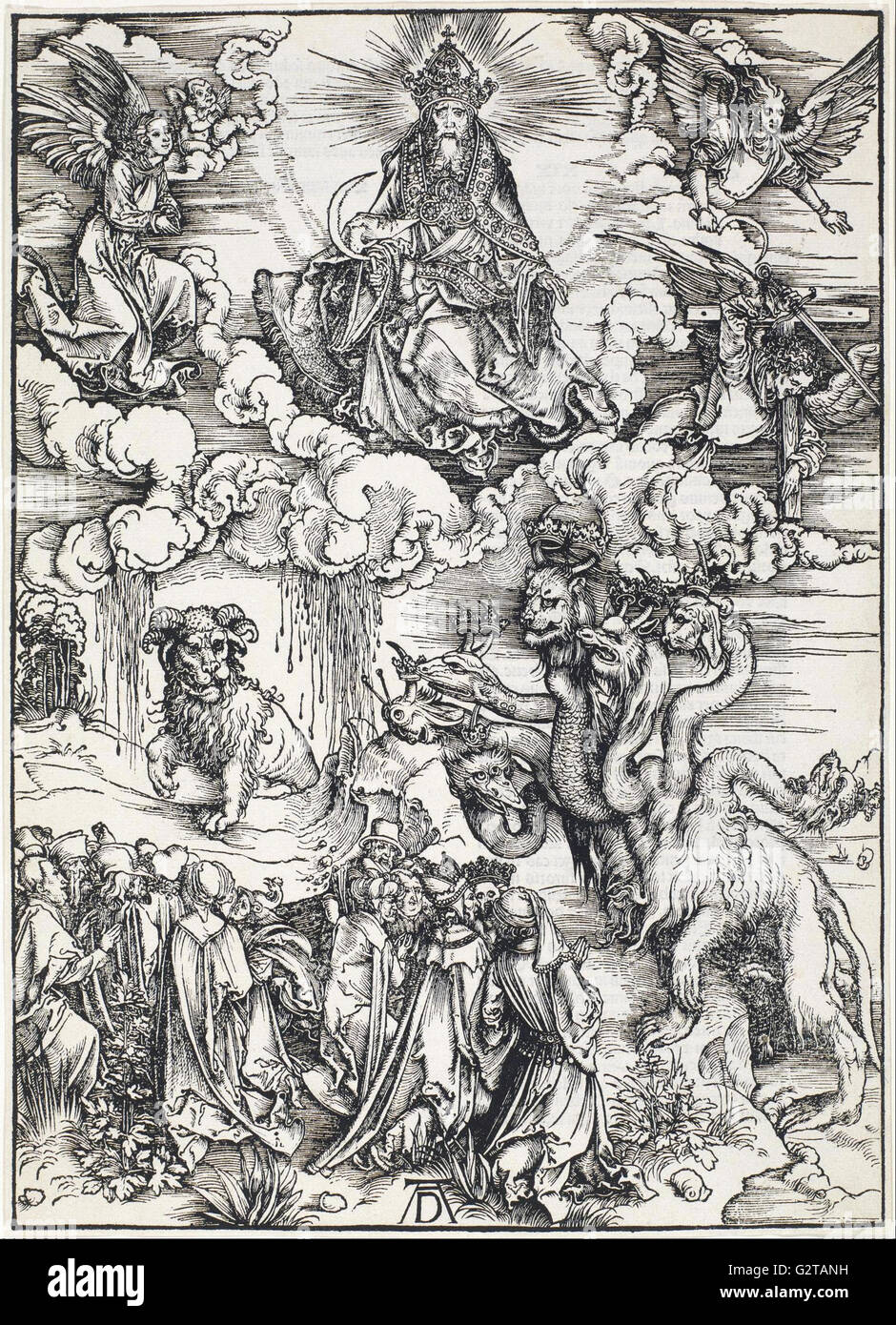 Albrecht Durer - Seven-Headed della bestia e la bestia con agnello, Horns - Foto Stock