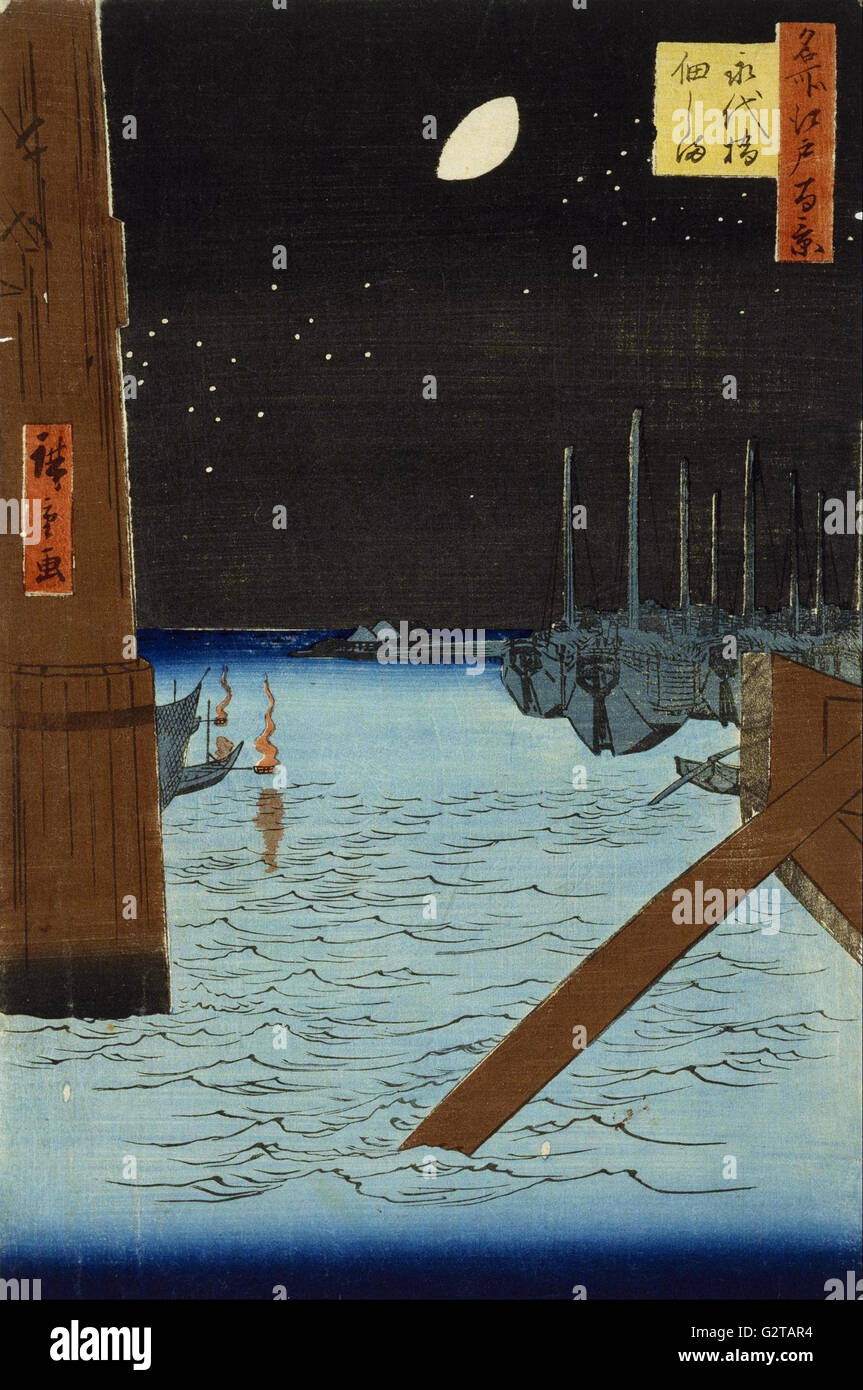 Ando Hiroshige - Luna oltre le navi ormeggiate a Isola Tsukuda da Eitai Bridge - Foto Stock