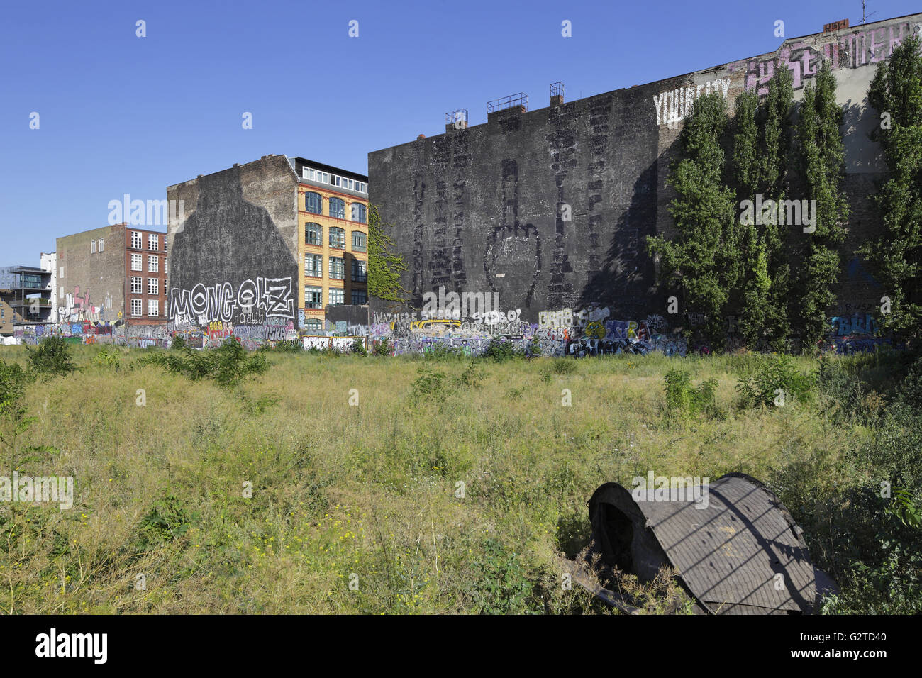 09.08.2015, Berlin, Berlin, Germania - Sovraverniciato Graffiti artist Blu e JR in corrispondenza della Slesia angolo di strada Cuvrystrasse a Berlino-Kreuzberg. 00P150809D208CAROEX.JPG - non per la vendita in G E R M A N Y, A U S T R I A, S W I T Z e R L A N D [modello di rilascio: non applicabile, la proprietà di rilascio: NO, (c) caro agenzia fotografica / Muhs, http://www.caro-images.com, info@carofoto.pl - Qualsiasi uso di questa immagine è soggetto a royalty!] Foto Stock