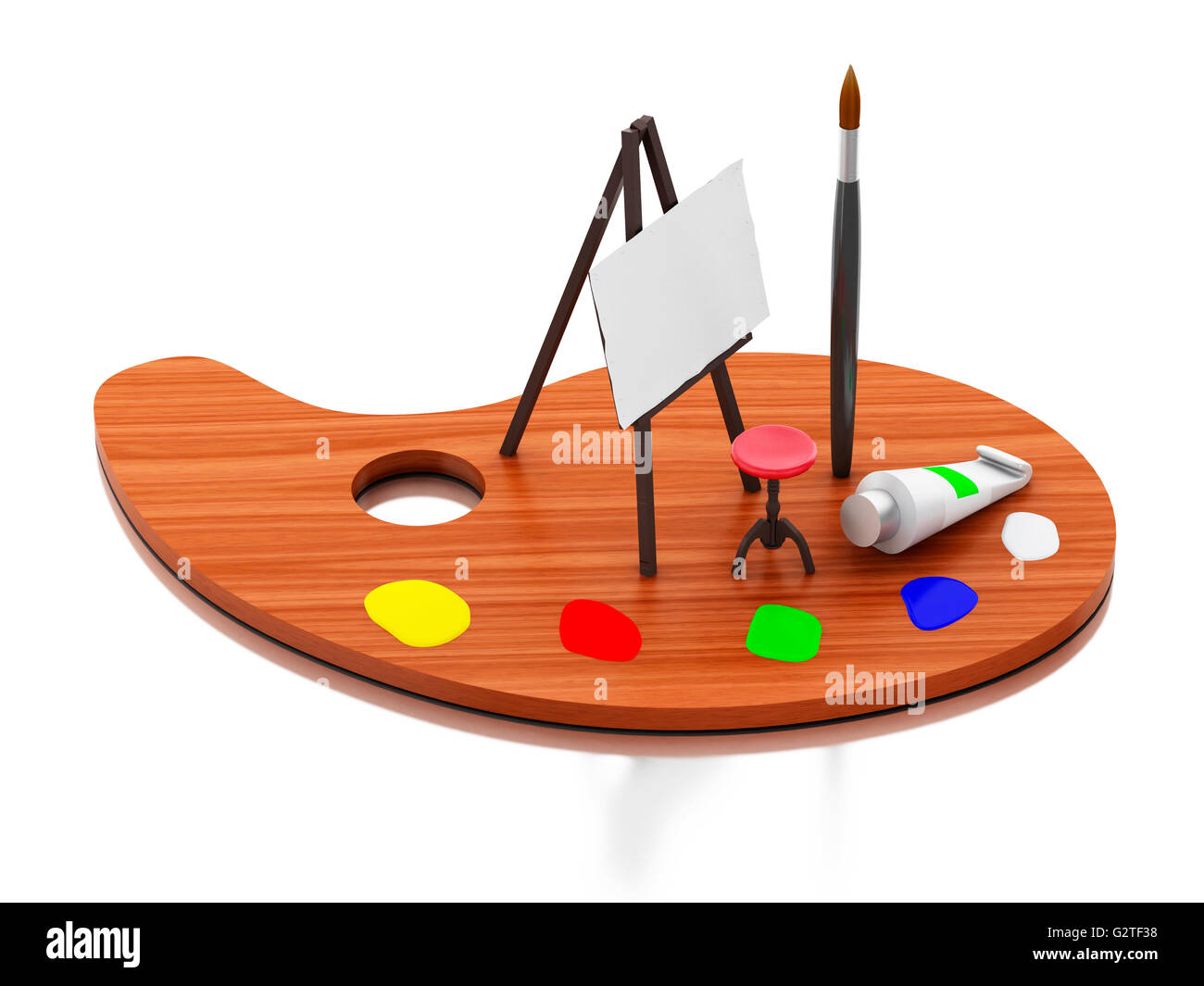 3D renderer immagine. Pittura di cavalletto e la tavolozza dei colori. Isolato sullo sfondo bianco. Foto Stock