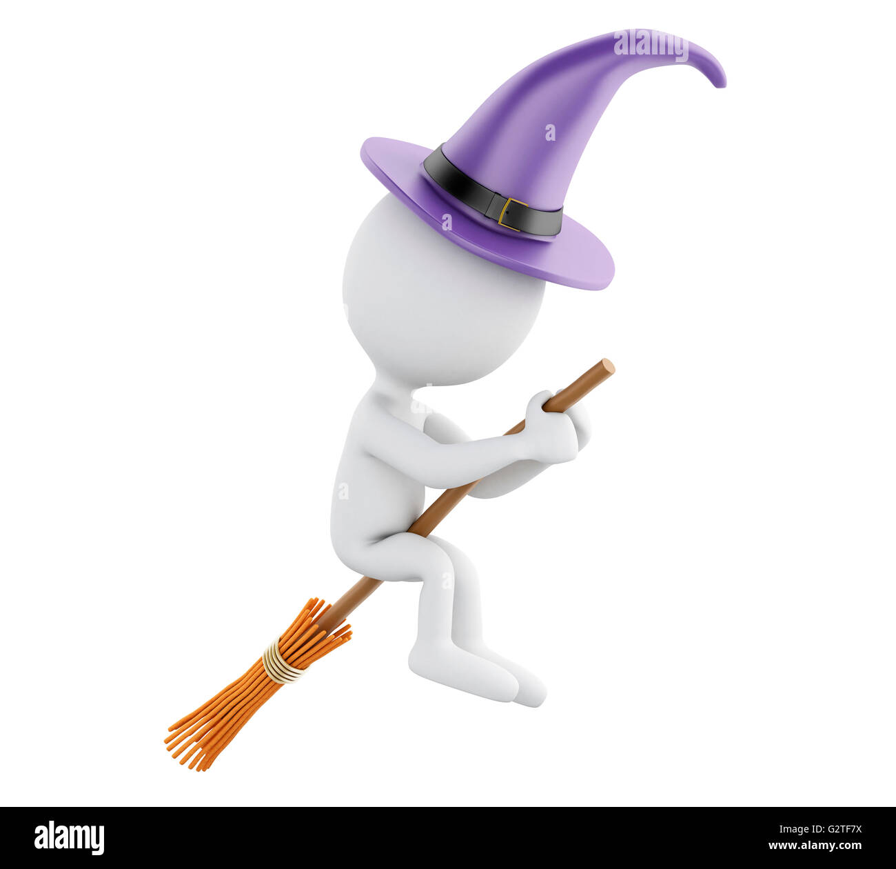 3D renderer immagine. Strega volare sulla scopa. Concetto di Halloween. Isolato sullo sfondo bianco. Foto Stock