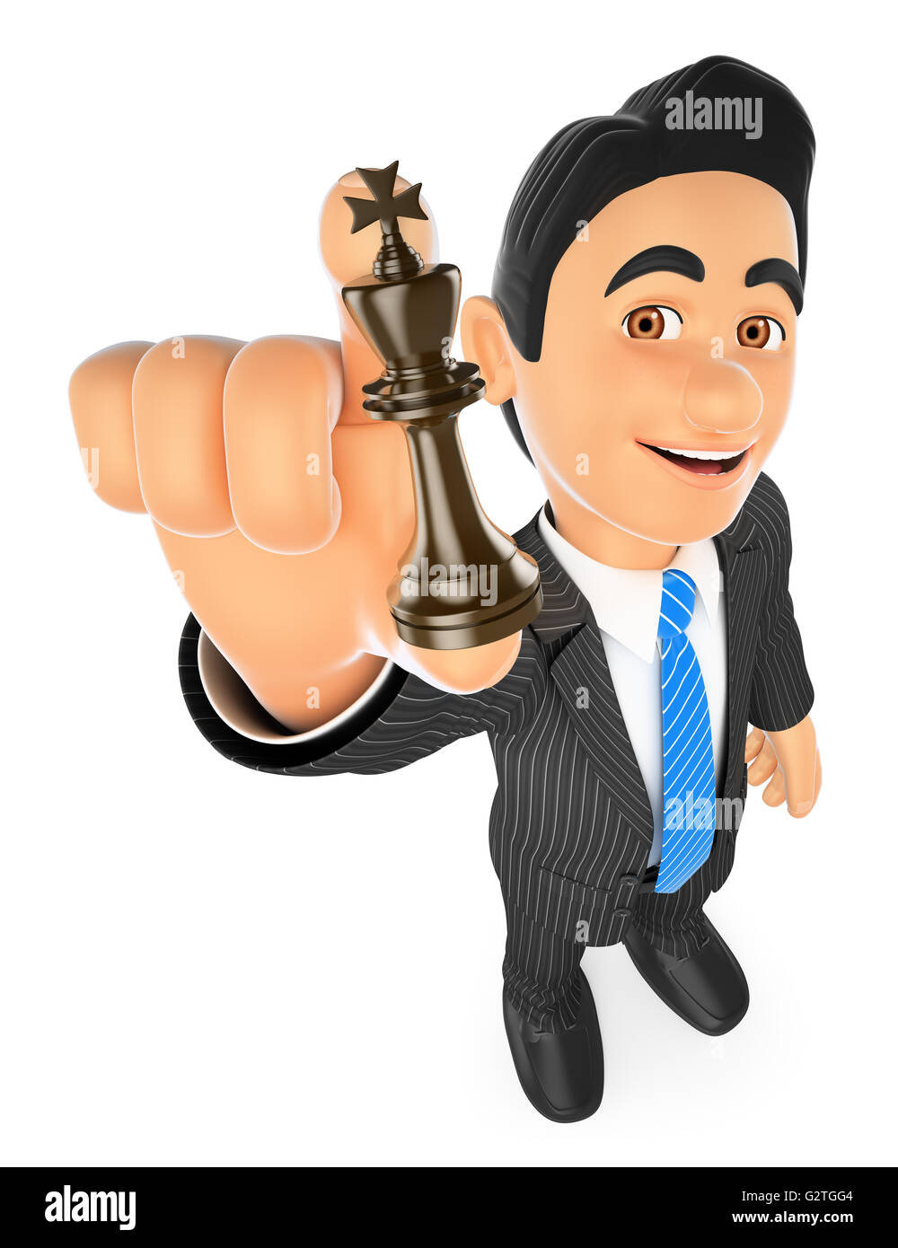 3d business persone illustrazione. imprenditore con scacchi re. stratega isolati a sfondo bianco. Foto Stock