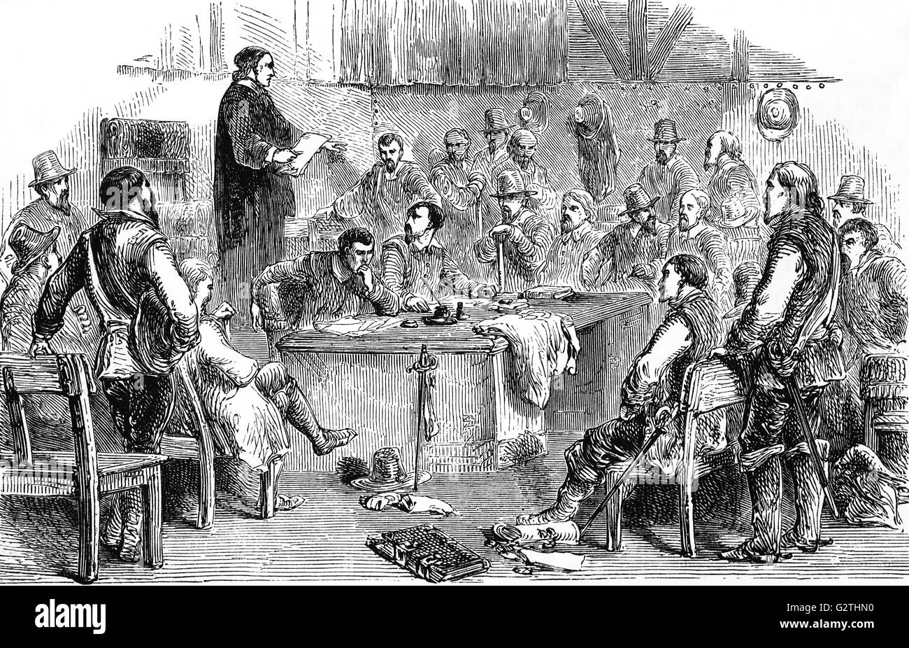 Riunione della Virginia House of Burgesses, la prima assemblea legislativa di rappresentanti eletti in Nord America. Essa è stata istituita con la Virginia Company, che ha creato il corpo come parte di uno sforzo per incoraggiare l'inglese di artigiani per stabilirsi in America del Nord, e per rendere le condizioni nella colonia più gradevole per i suoi abitanti di corrente. Foto Stock