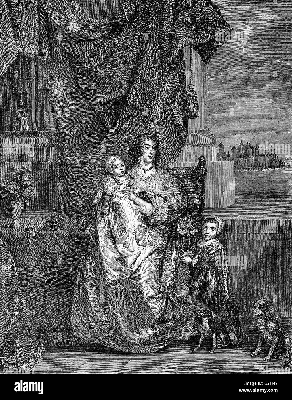 Henrietta Maria di Francia, regina consorte del re Carlo I, Monarch di Inghilterra, Scozia e Irlanda con i suoi figli, l'eventuale Carlo II e Giacomo II Foto Stock