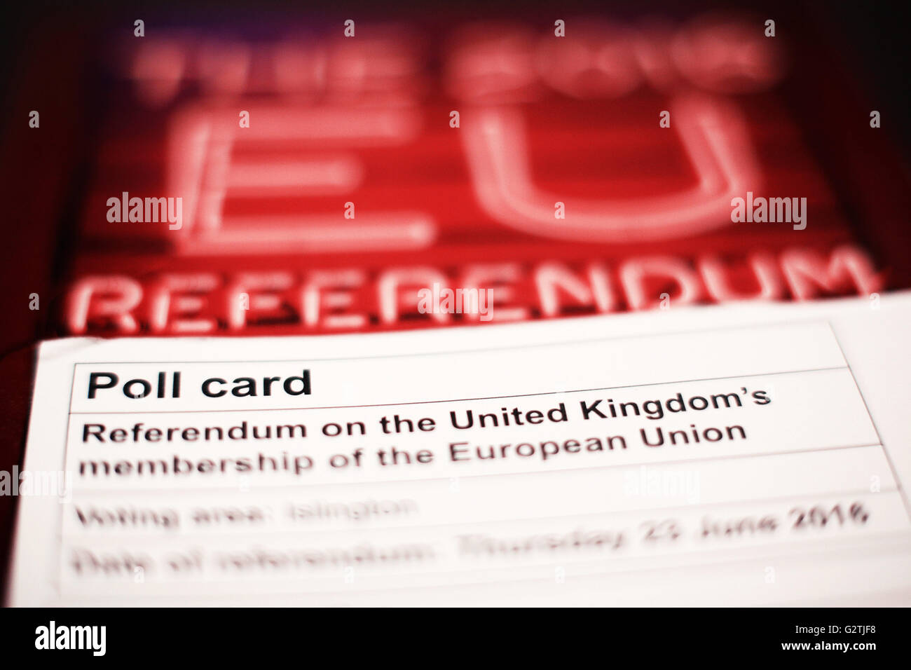 Una scheda di polling e guida di voto per il 2016 UE Referendum, a Londra. Stampa foto di associazione. Picture Data: giovedì 2 giugno, 2016. Foto di credito dovrebbe leggere: Yui Mok/PA FILO Foto Stock