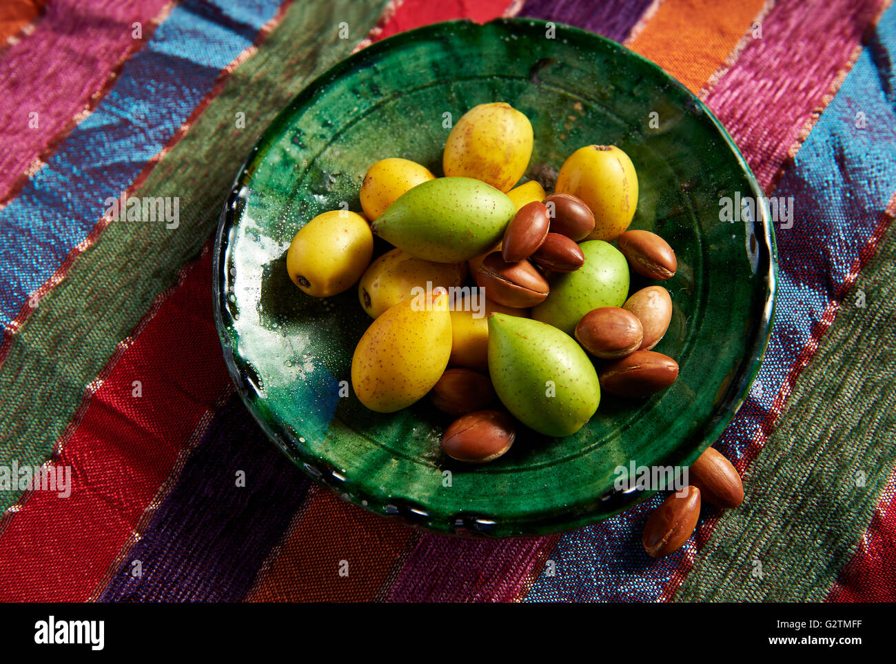 Freschi frutti di Argan e Argan dadi (Argania spinosa, Marocco Foto Stock