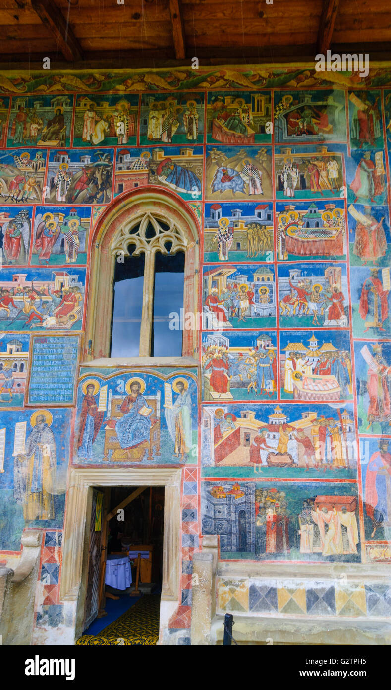 Monastero di Voronet ;Chiesa Sfantul Gheorghe ( ' San Giorgio ' ) ; affresco della Romania, Gura Humorului Foto Stock