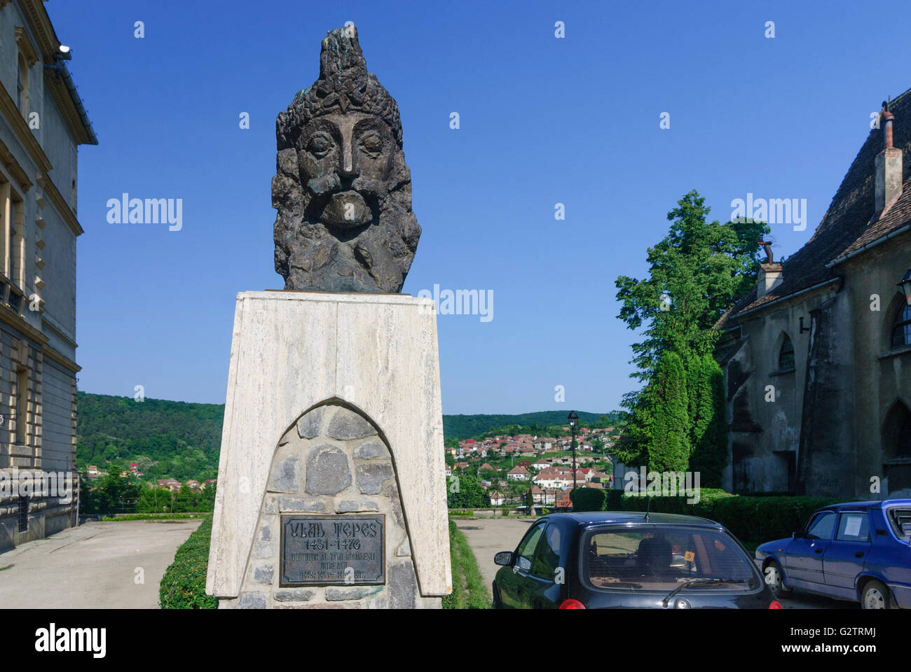 Statua di Vlad III . Dracula ( Vlad Tepes ), Romania, Transilvania, Transilvania, Siebenbürgen (Transsilvanien) , Sighisoara Foto Stock