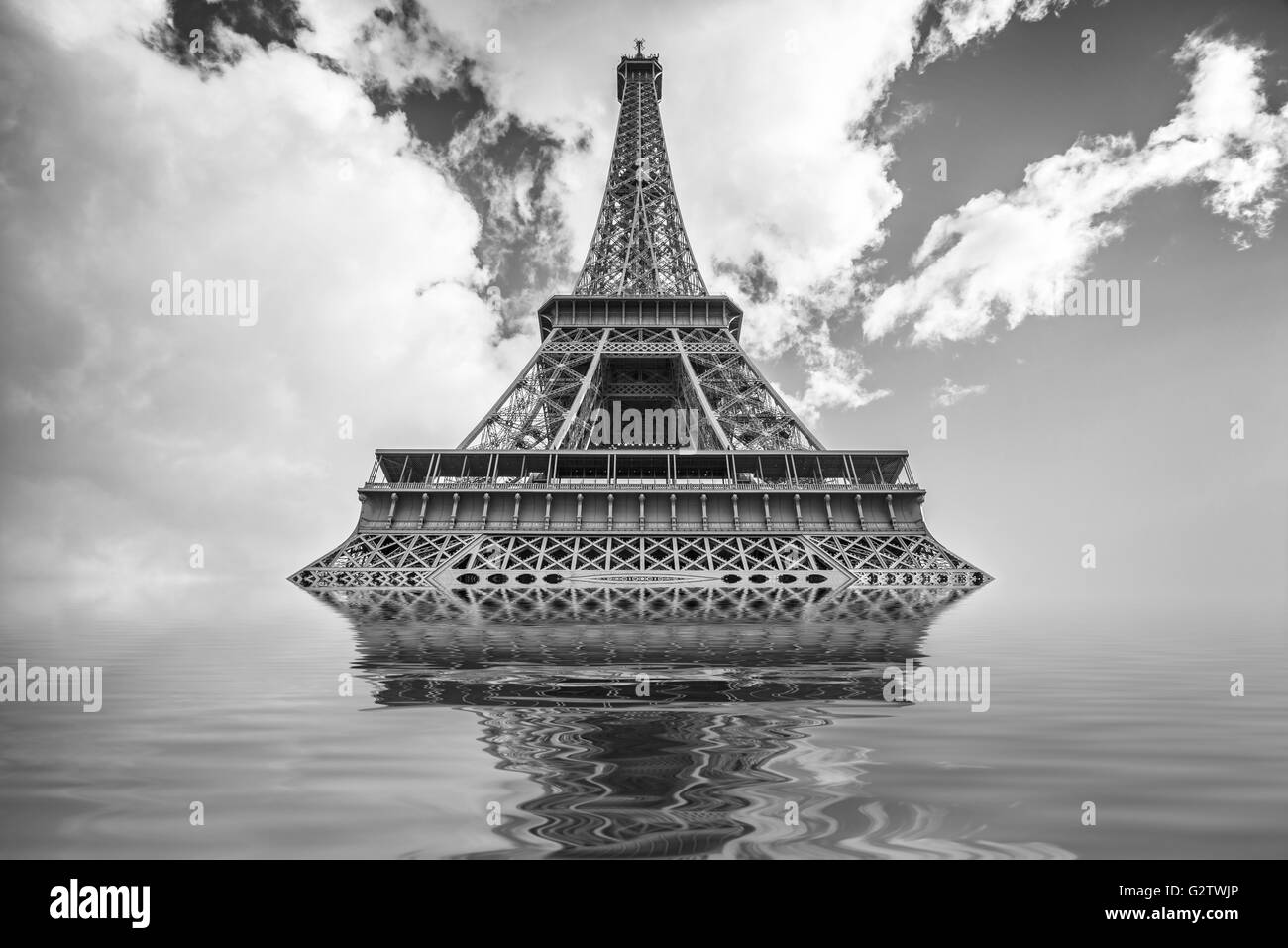 Illustrazione alluvione con la torre Eiffel, Parigi Francia Foto Stock