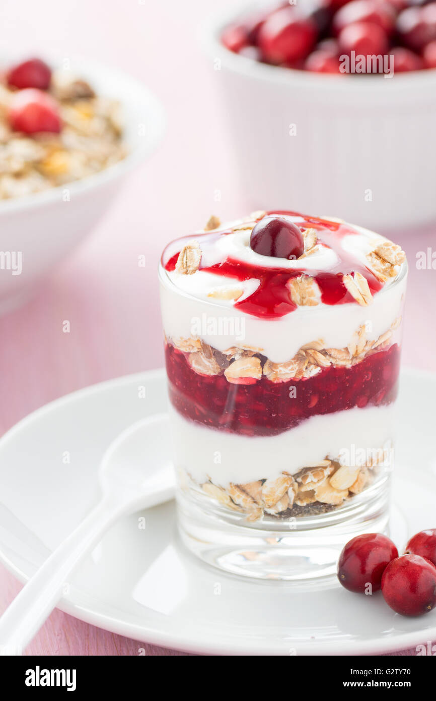 Un sano dessert con yogurt, muesli e mirtilli rossi Foto Stock