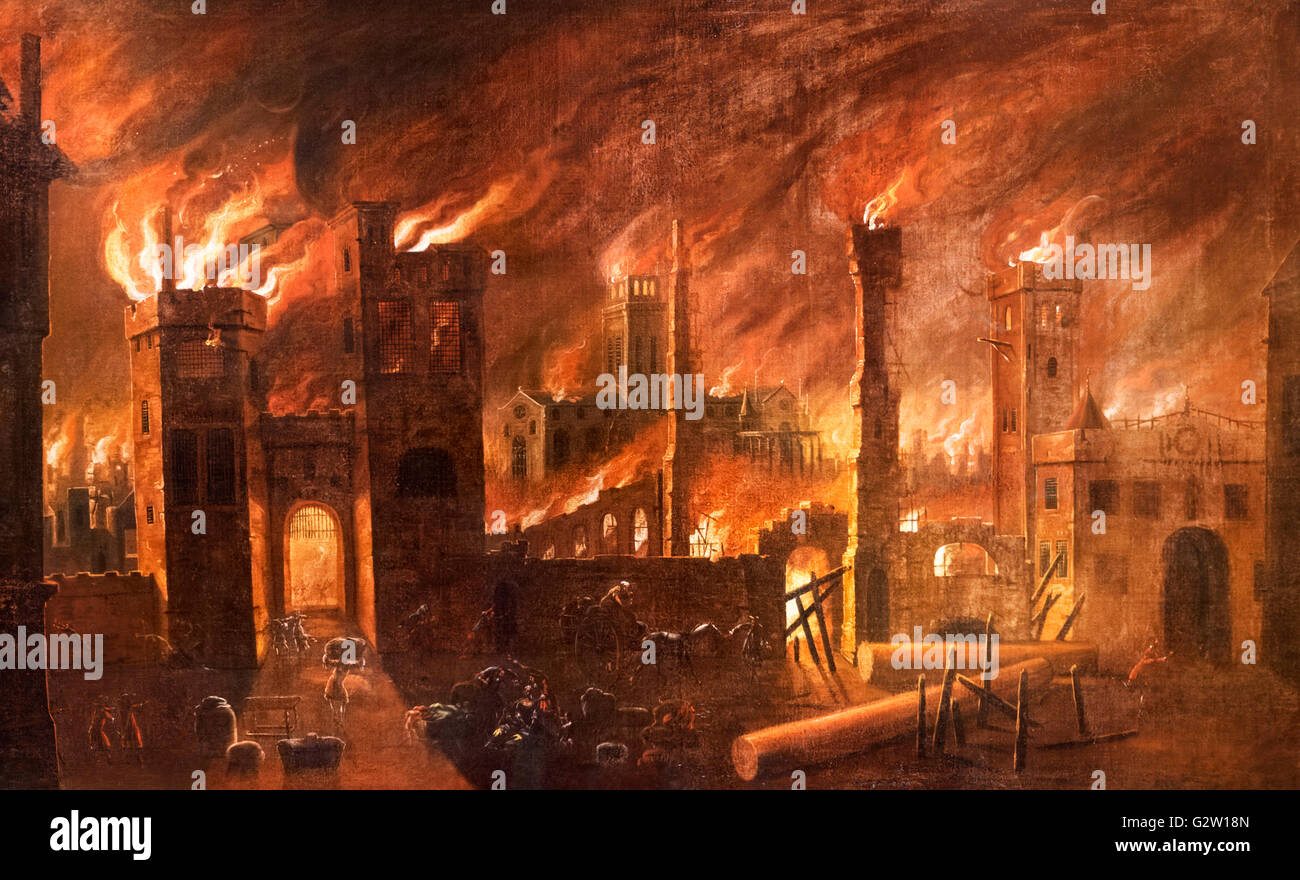 Il Grande Incendio di Londra nel 1666, visto da Ludgate, olio su tela, da un originale di Jan Griffier the Elder, c.1670-1678. La Cattedrale di St Paul e può essere visto bruciare nella distanza. Foto Stock