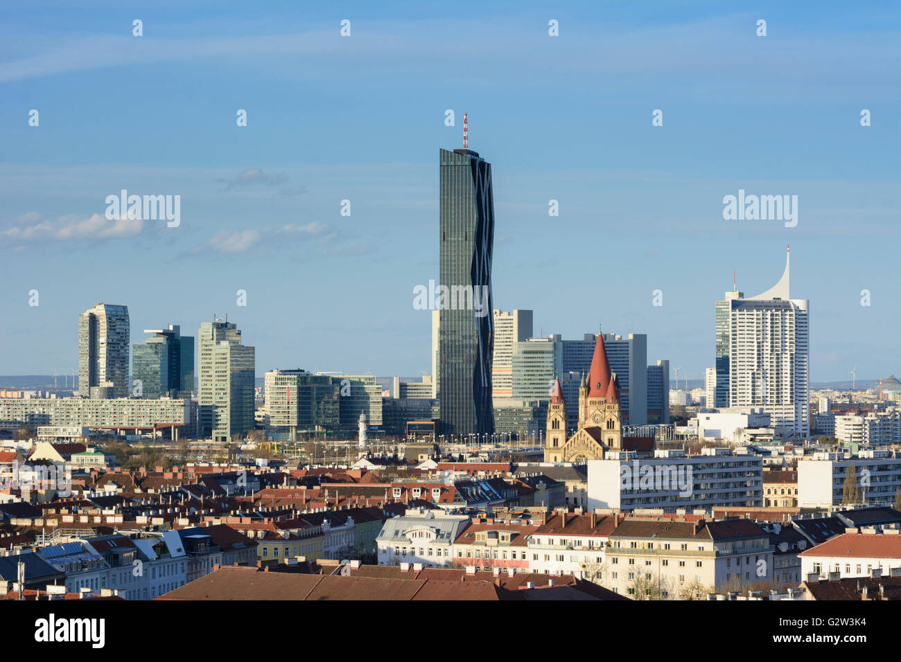 Stuwerviertel (anteriore) e Donau City, il Palazzo delle Nazioni Unite e DC Tower 1, Austria, Vienna Wien Foto Stock