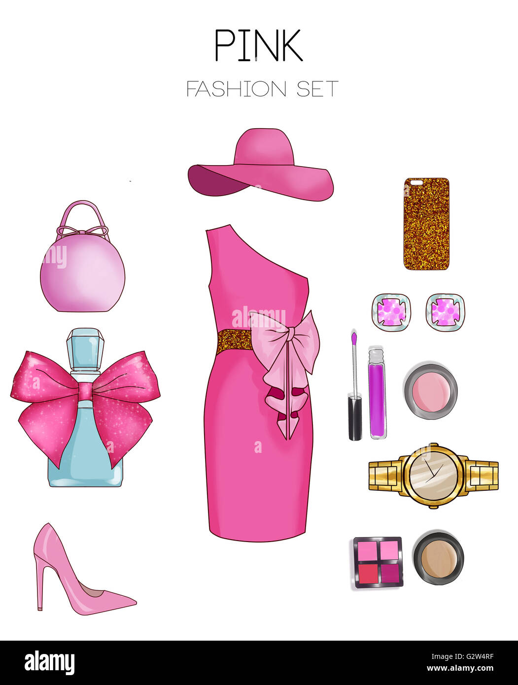 Set di moda di donna di capi di abbigliamento e accessori - abito rosa,  borsa stilettos, cosmetici e gioielli Foto stock - Alamy