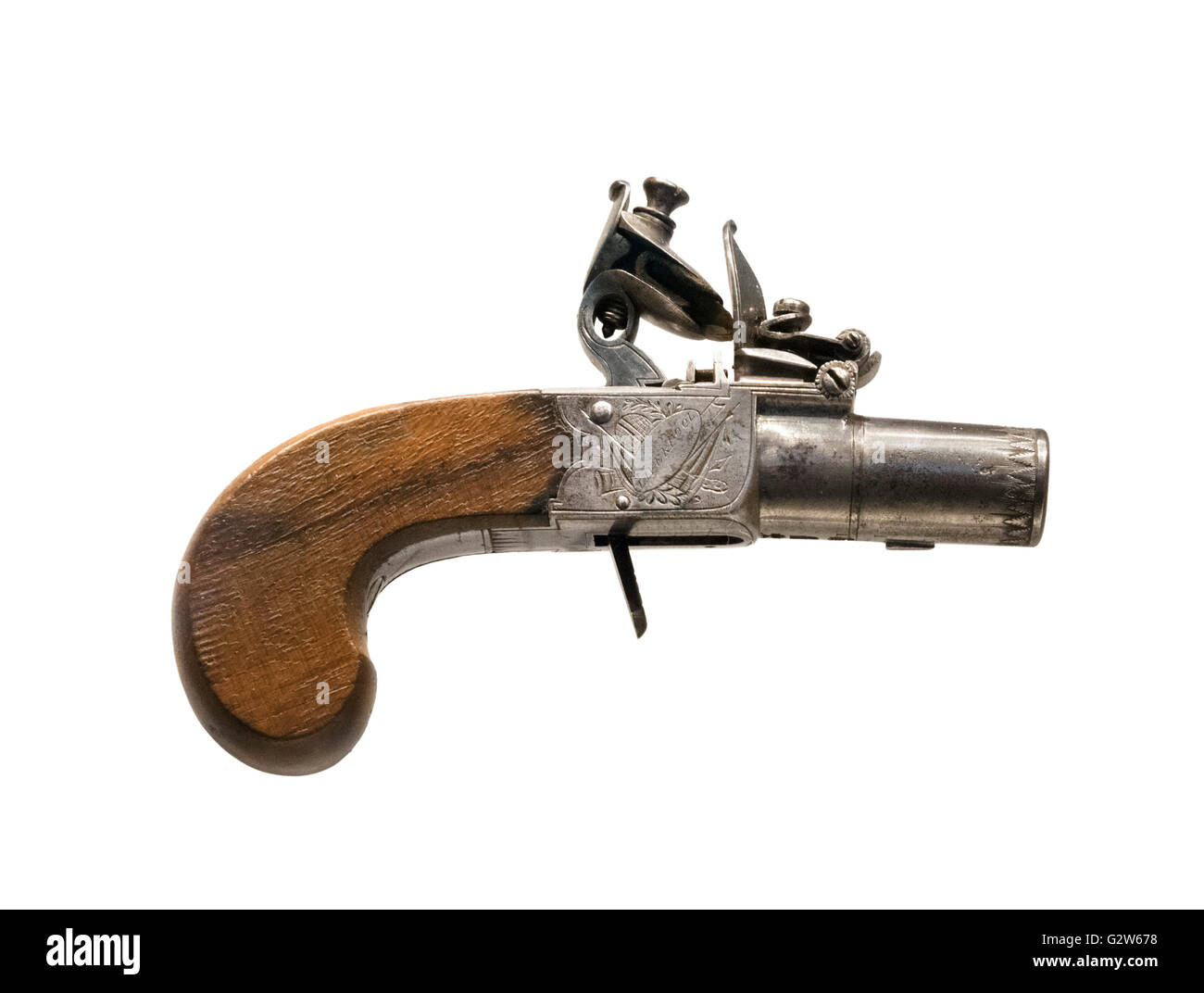 Uno di una coppia di boxlock flintlock pistols, realizzato da Holmes di Liverpool, c.1815. Foto Stock