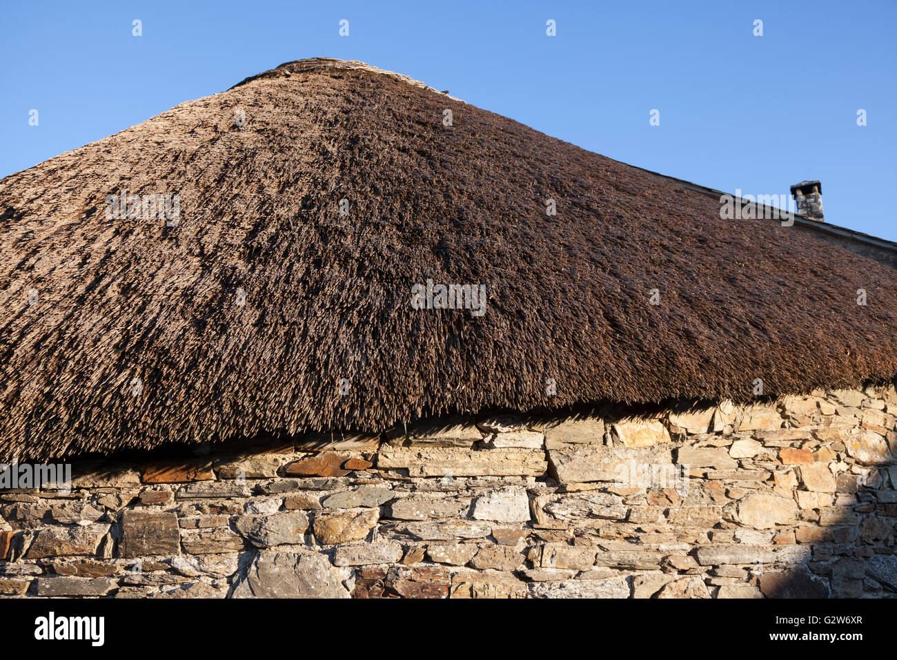 O Cebreiro, Spagna: Dettaglio di un tradizionale palloza tipiche della Serra dos Ancares regione della Galizia. Foto Stock