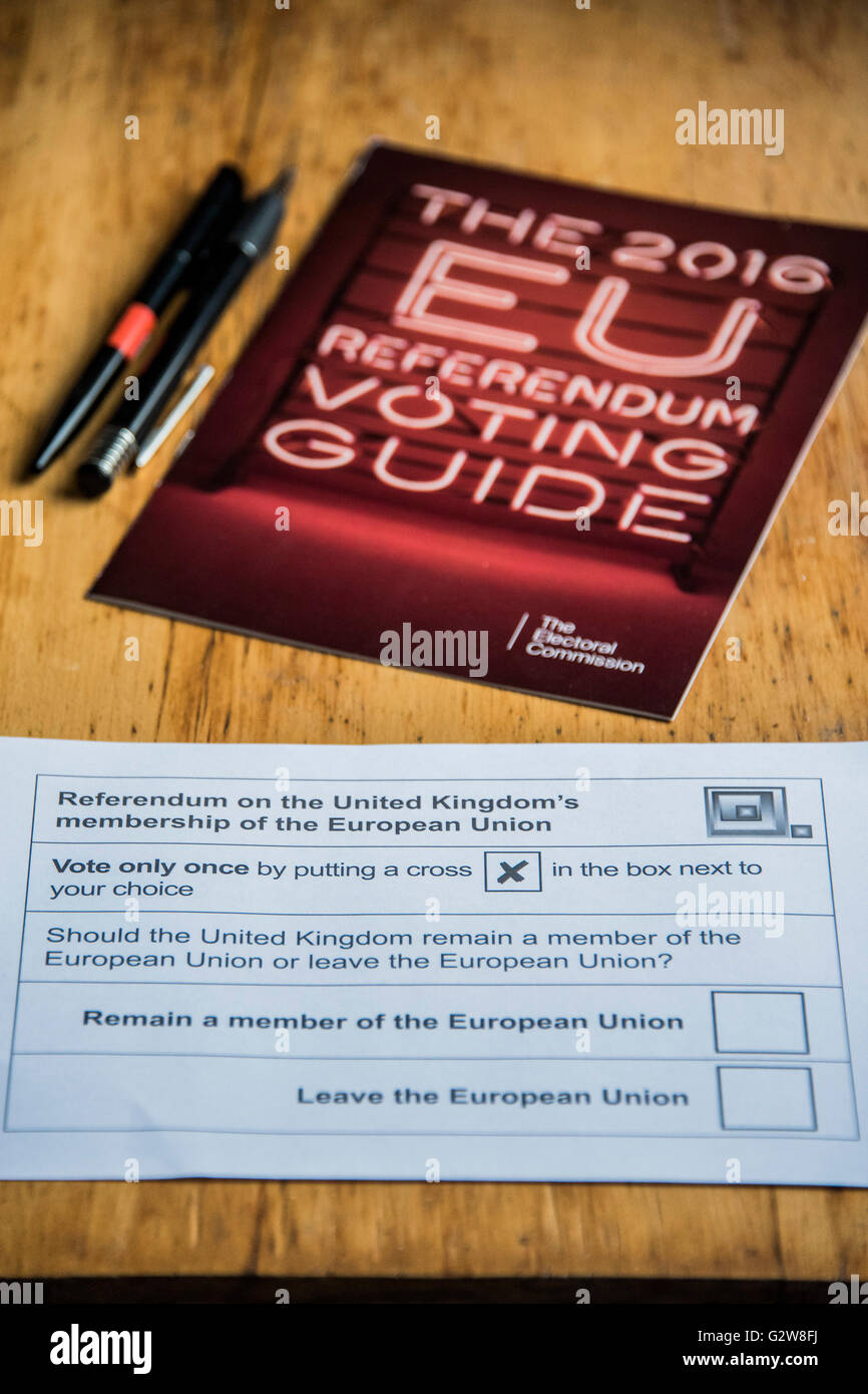 Una scelta semplice? Soggiorno o andare? Un voto postale attende il completamento con l'aiuto della Commissione elettorale ufficiale guida di voto. Londra, 03 giugno 2016 Foto Stock