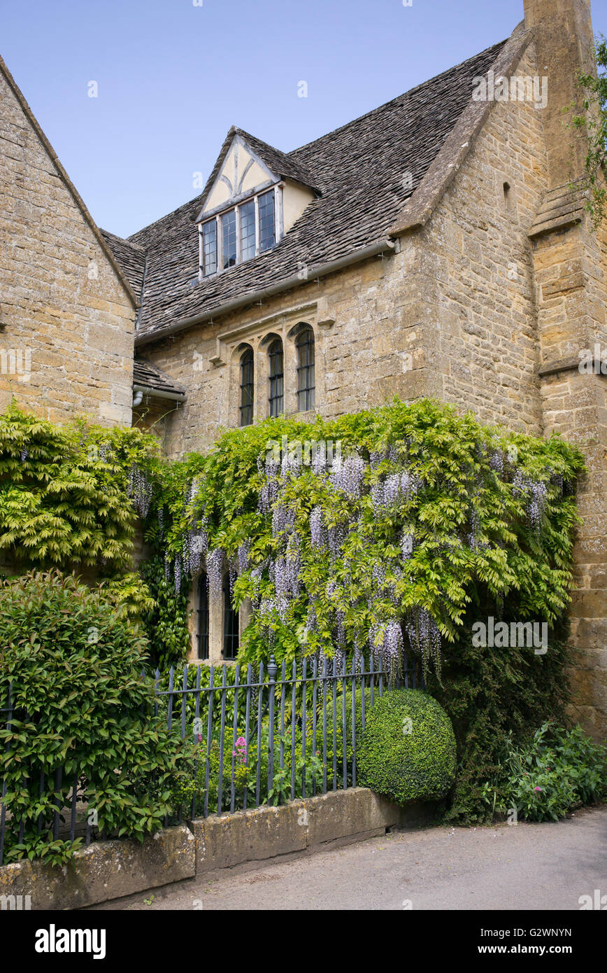 Il Glicine floribunda sulla parte anteriore di un cottage in Stanton, Gloucestershire, Inghilterra Foto Stock