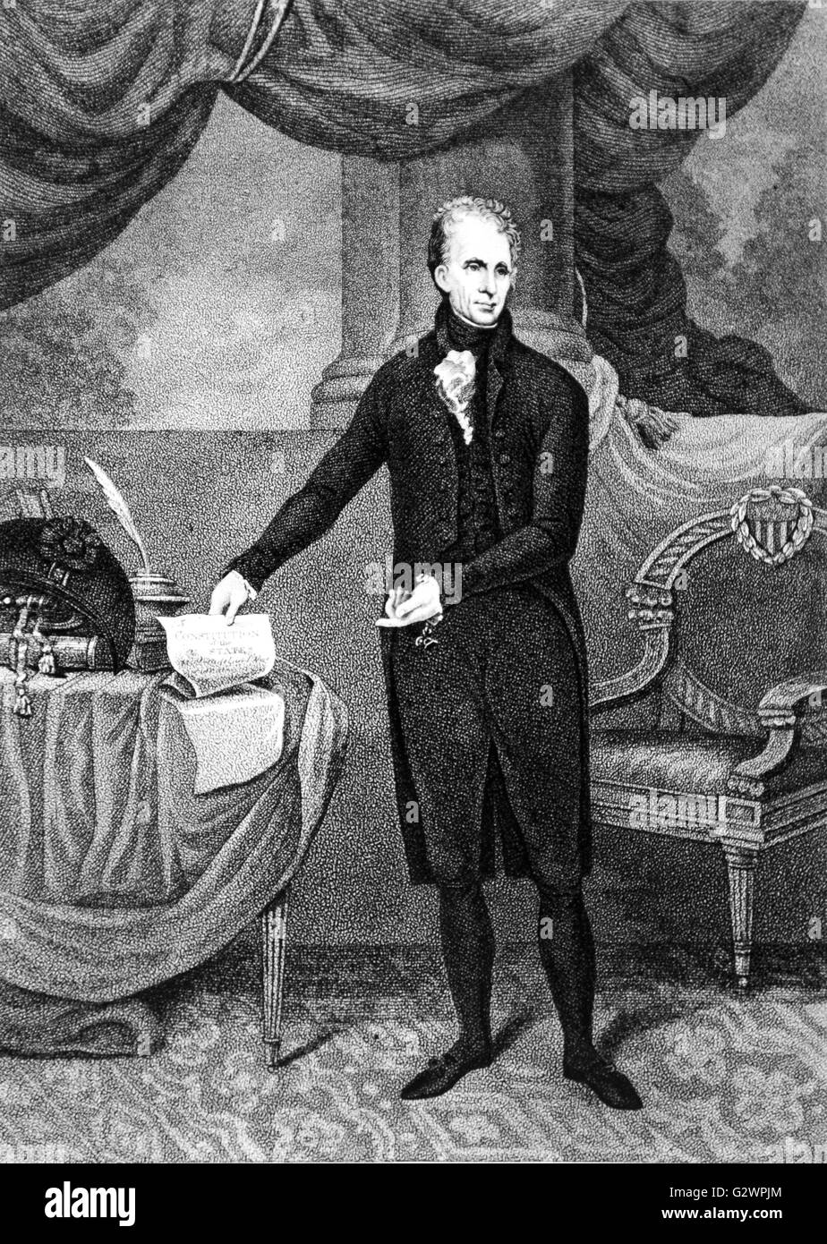 Presidente Andrew Jackson puntando alla Costituzione. Foto Stock